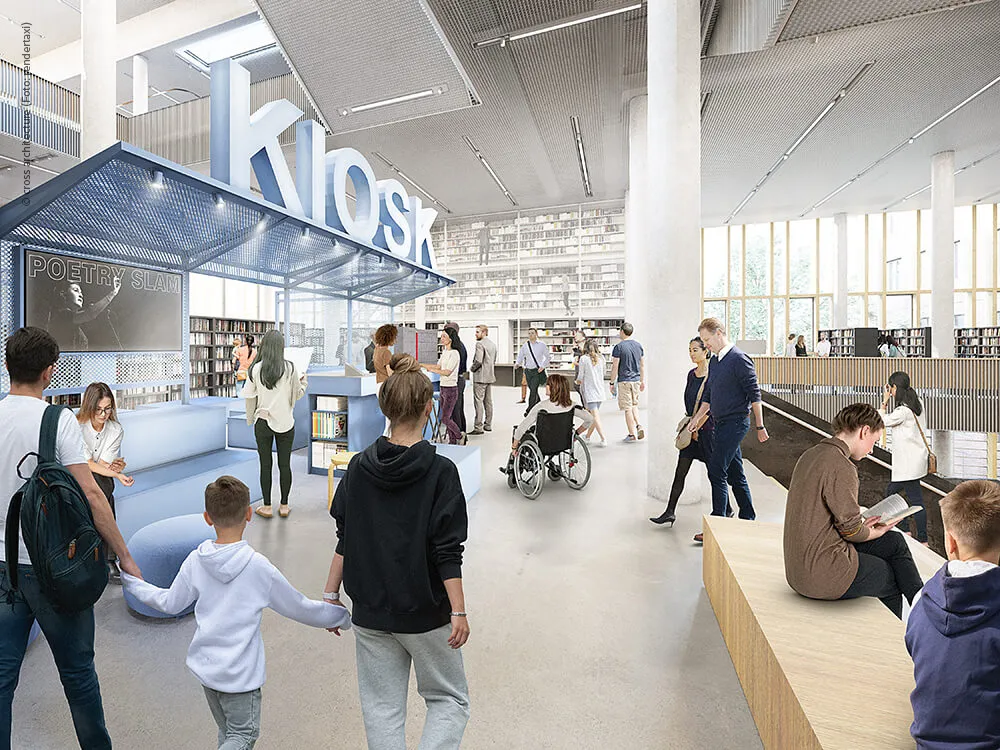 Visualisierung der Bibliothek im Haus des Wissens mit Kiosk